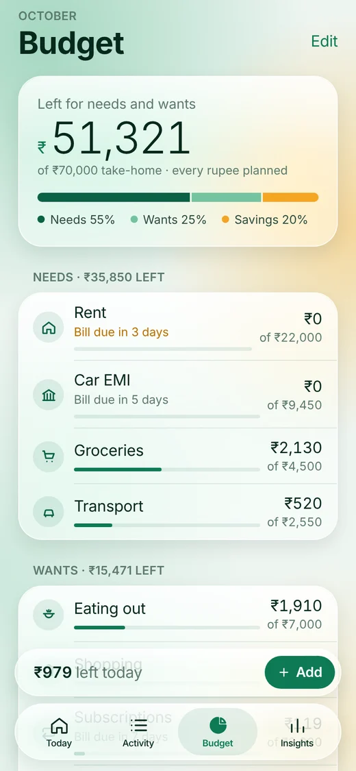 Rozly monthly budget with needs, wants and savings categories. Sample data.