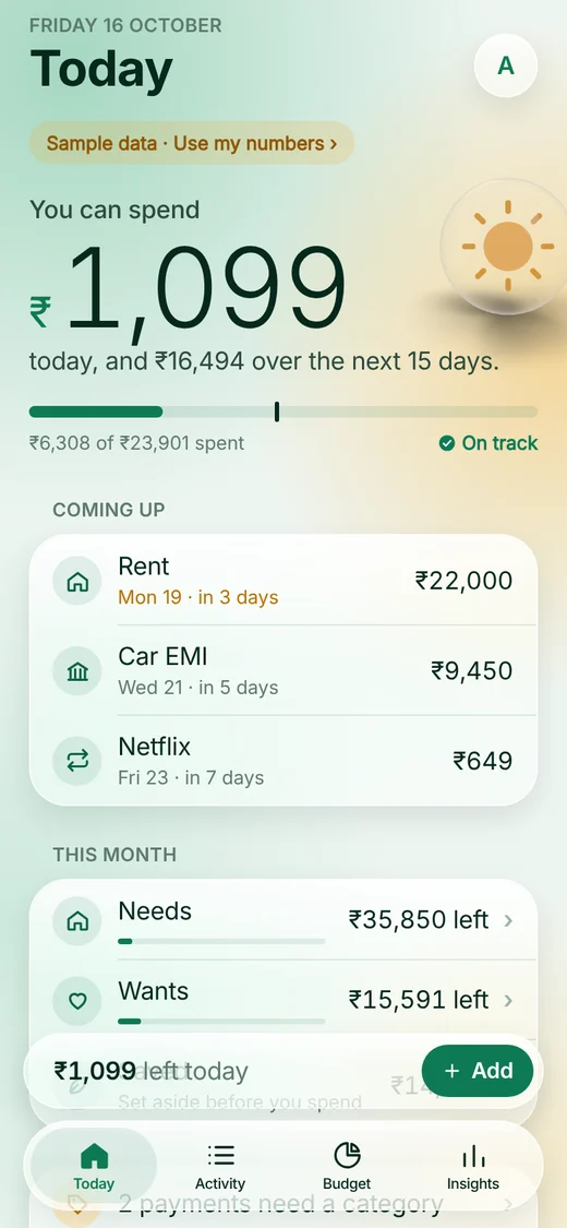 Rozly's glass-style Today screen with a daily spending allowance, upcoming bills and budget buckets. Sample data.