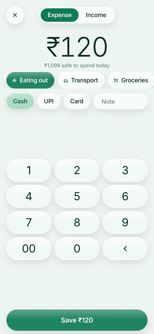 Quick add expense screen with amount keypad, categories and payment methods.